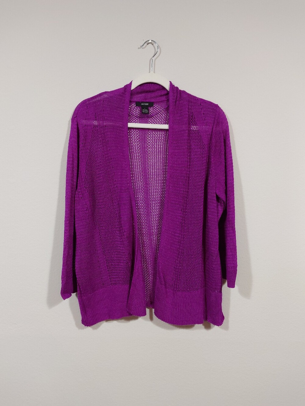 Alfani Linen Blend Open Knit Cardigan | Purple Magenta | Size L